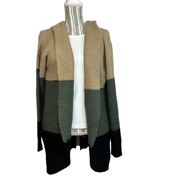 Cozy Chunky Color-block Hooded Sweater Cardigan Black Tan Foresst Green XL - Picture 2 of 7